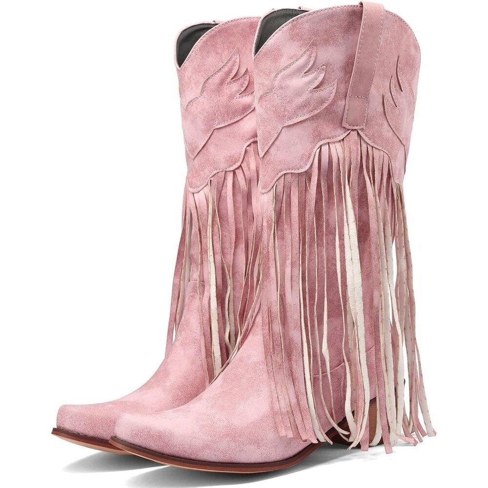 Women's Pink Fringe Cowboy Boots Square Toe Mid Calf Embroidered Western Boots - Picture 1 of 7